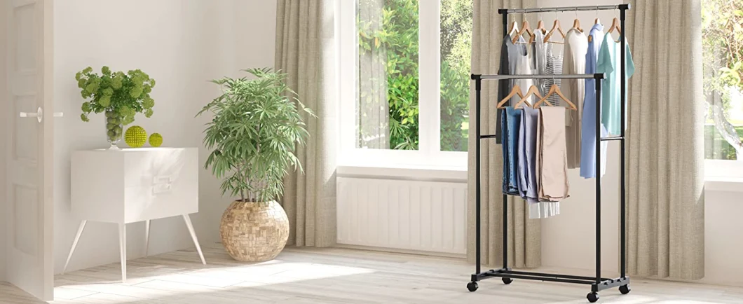 Double Rod Portable Clothing Hanging Garment Rack